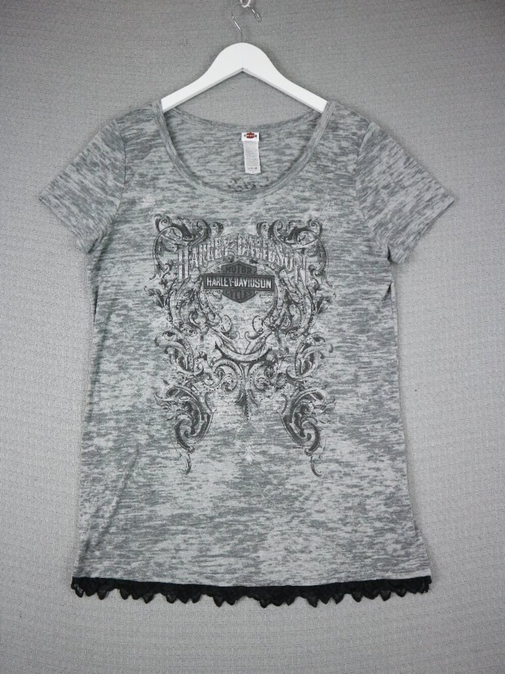Harley Davidson Women's Gray T-Shirt XL Made in USA Y2K Grunge Rhinstone Dakota